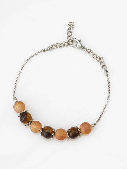 Aadita Ornate Earth-Tone Beaded Silver Chain Bracelet