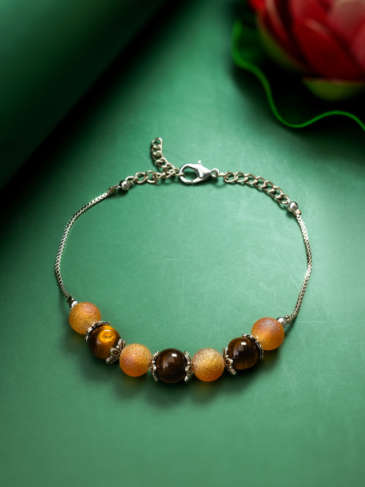 Aadita Ornate Earth-Tone Beaded Silver Chain Bracelet