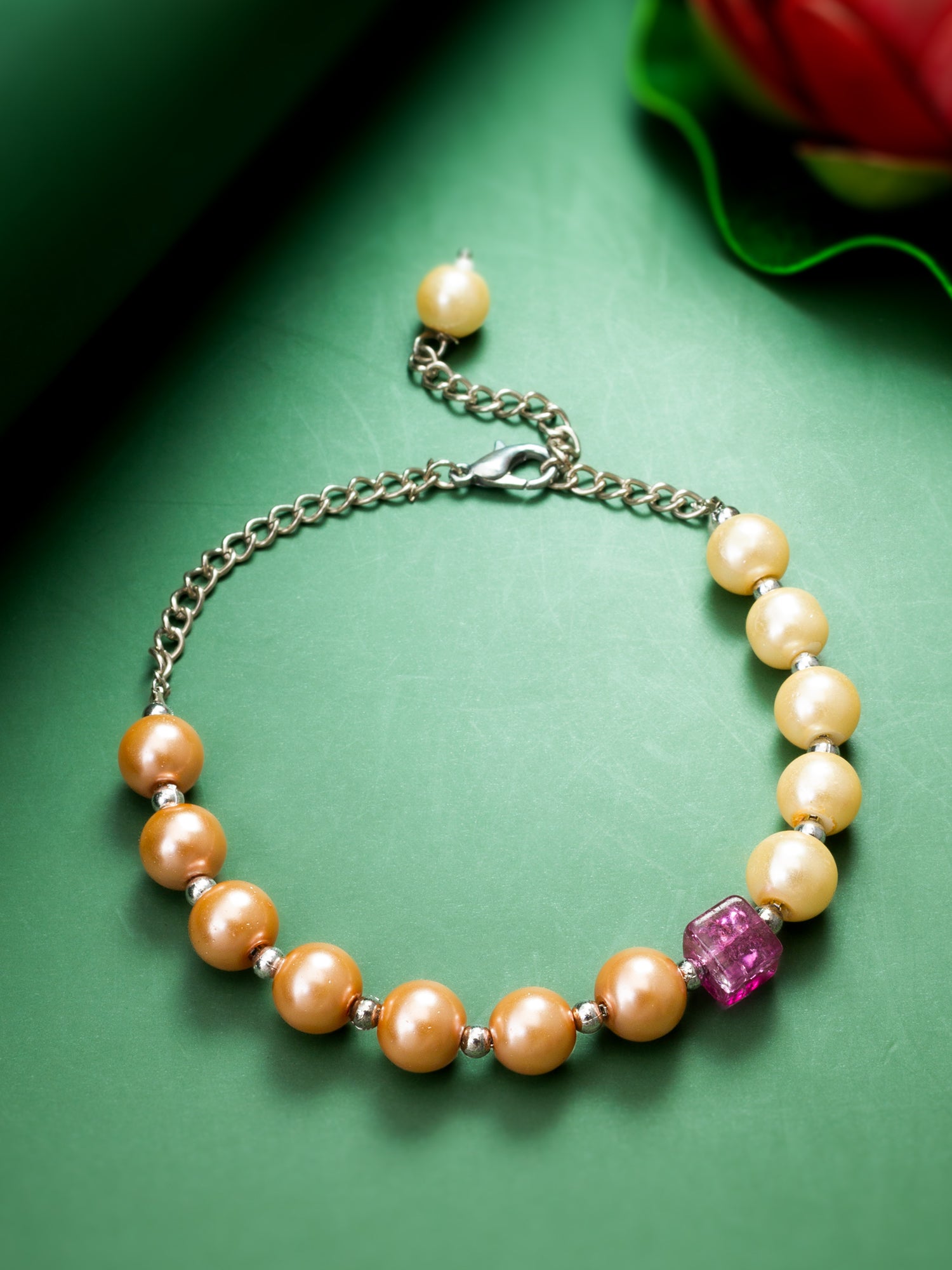 Aadita Faux Pearl Two-Tone Chain Bracelet with Pink Accent Bead