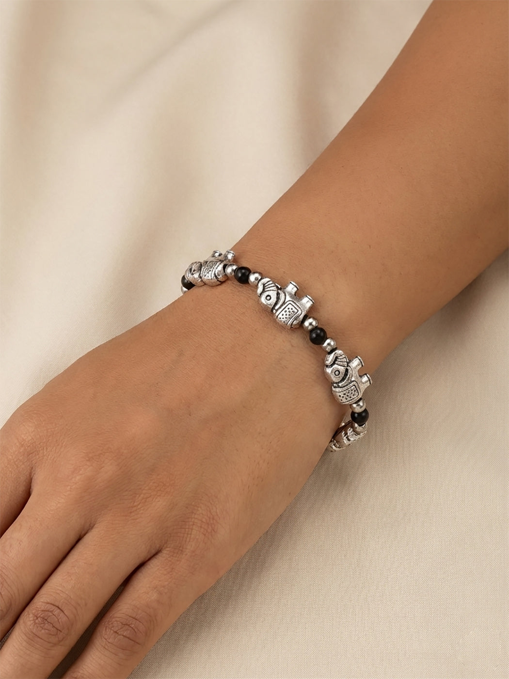 Aadita Silver Tone Elephant Charm Chain Bracelet with Black Beads