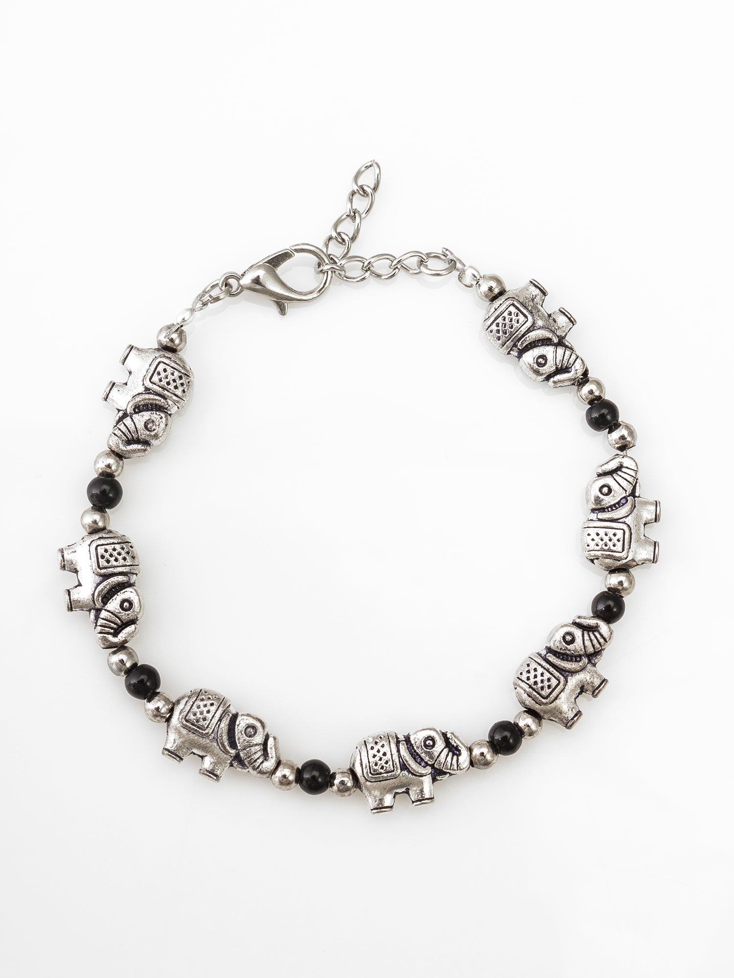 Aadita Silver Tone Elephant Charm Chain Bracelet with Black Beads