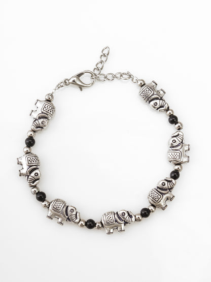 Aadita Silver Tone Elephant Charm Chain Bracelet with Black Beads