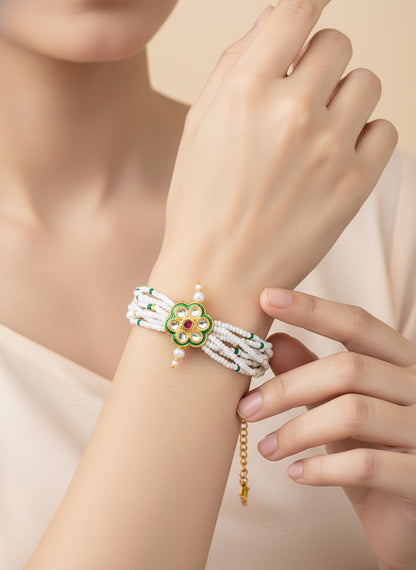 Aadita Green Enamel Floral Pearl Bracelet