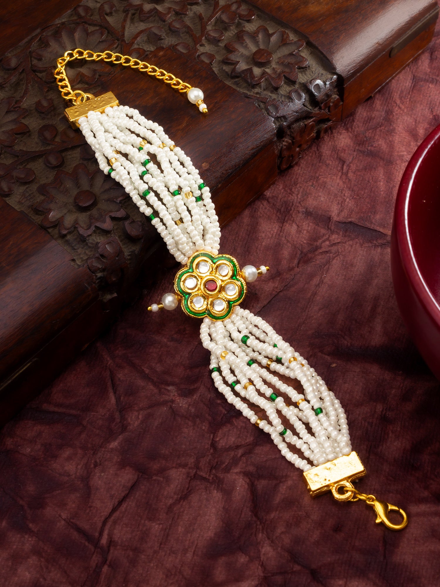 Aadita Green Enamel Floral Pearl Bracelet
