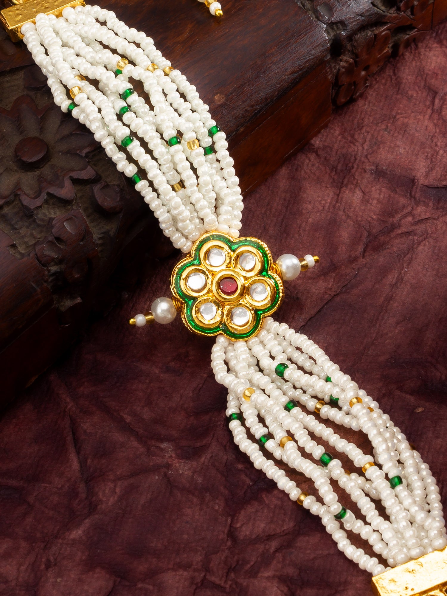 Aadita Green Enamel Floral Pearl Bracelet