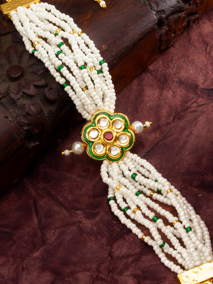 Aadita Green Enamel Floral Pearl Bracelet