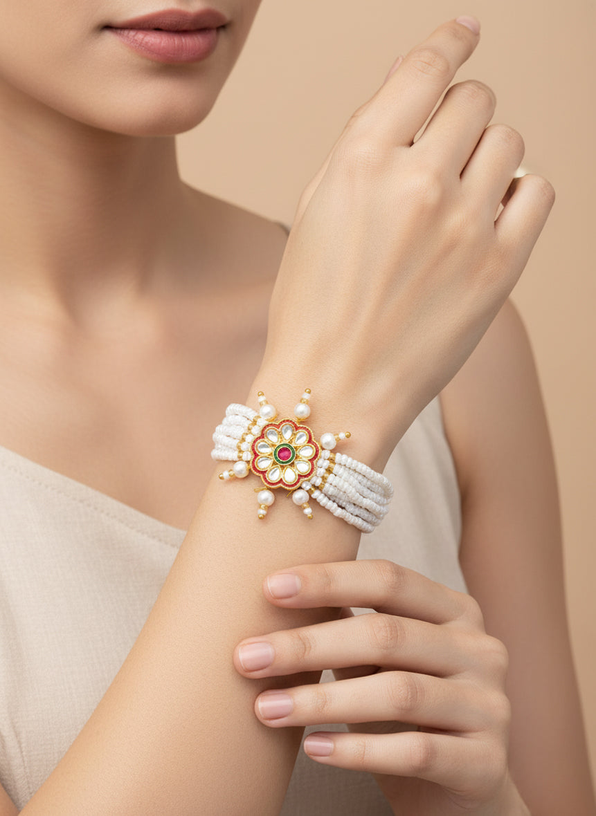 Aadita Red Floral Motif Pearl Bracelet