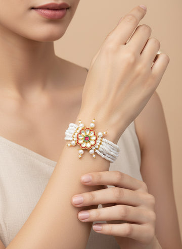 Aadita Red Floral Motif Pearl Bracelet
