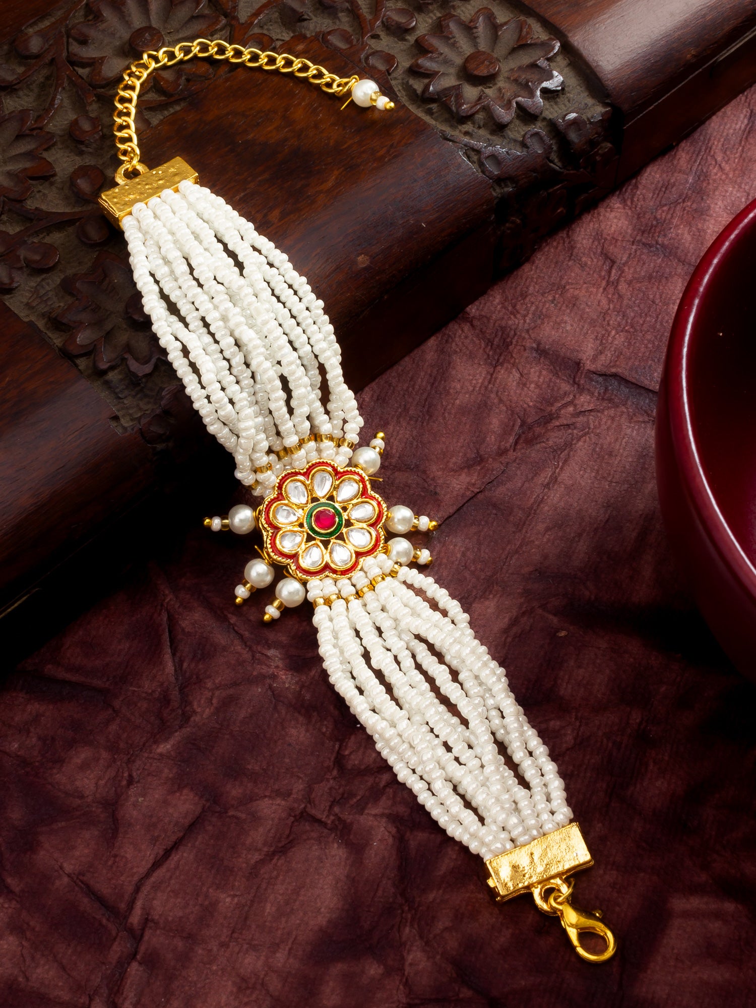 Aadita Red Floral Motif Pearl Bracelet