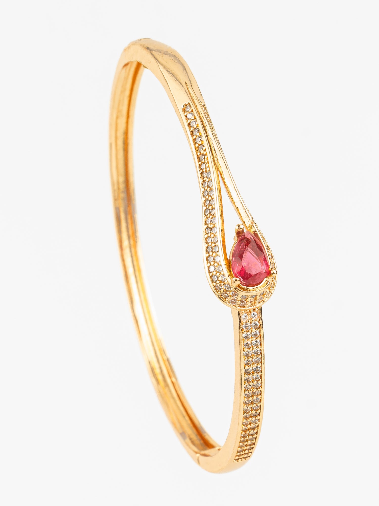 Aadita Gold Plated AD Stone Pink Teardrop Kada Bangle Bracelet for Women & Girls