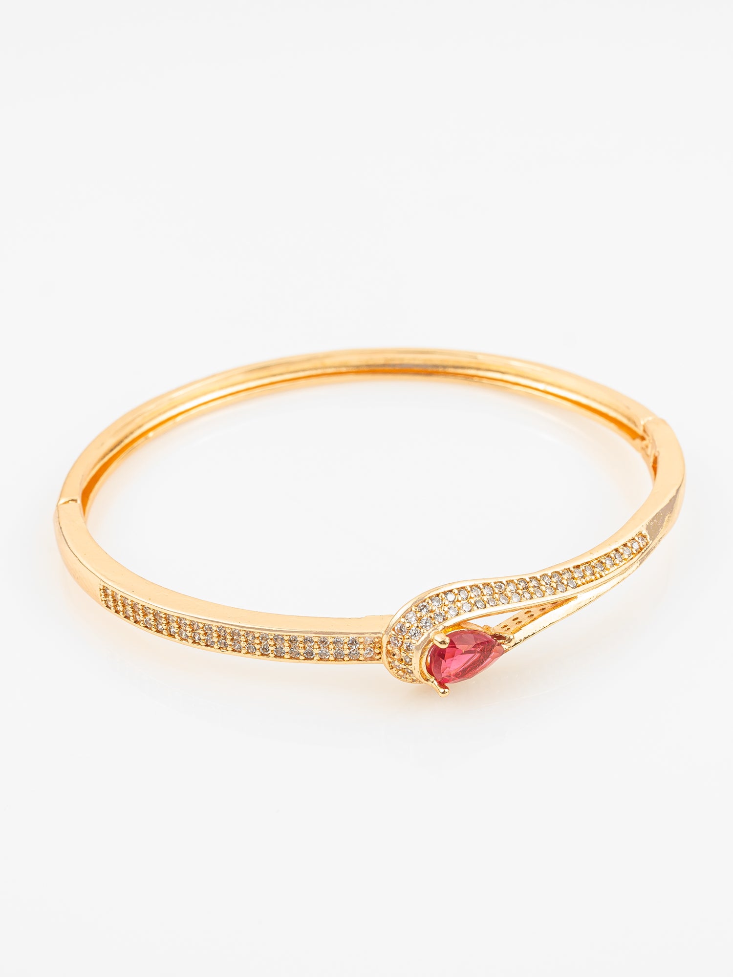 Aadita Gold Plated AD Stone Pink Teardrop Kada Bangle Bracelet for Women & Girls