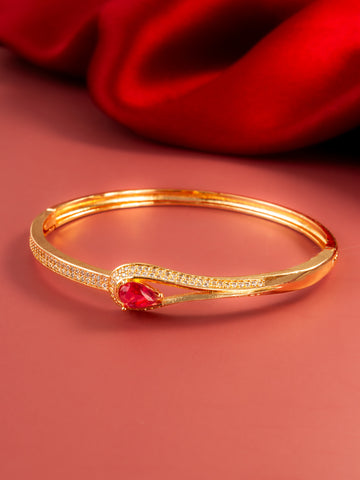 Aadita Gold Plated AD Stone Pink Teardrop Kada Bangle Bracelet for Women & Girls