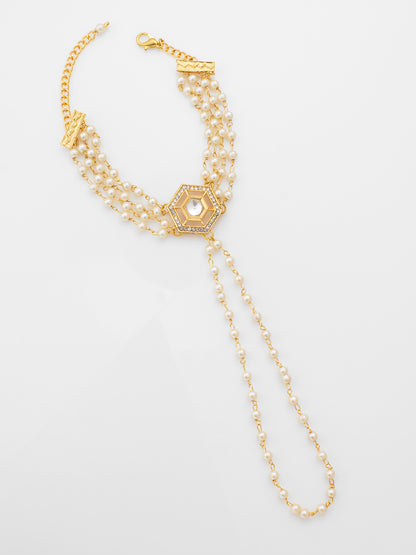 Gold Plated Pearl Haathphool Bracelet with Kundan Centerpiece – Traditional Hand Harness Jewelry for Women & Girls