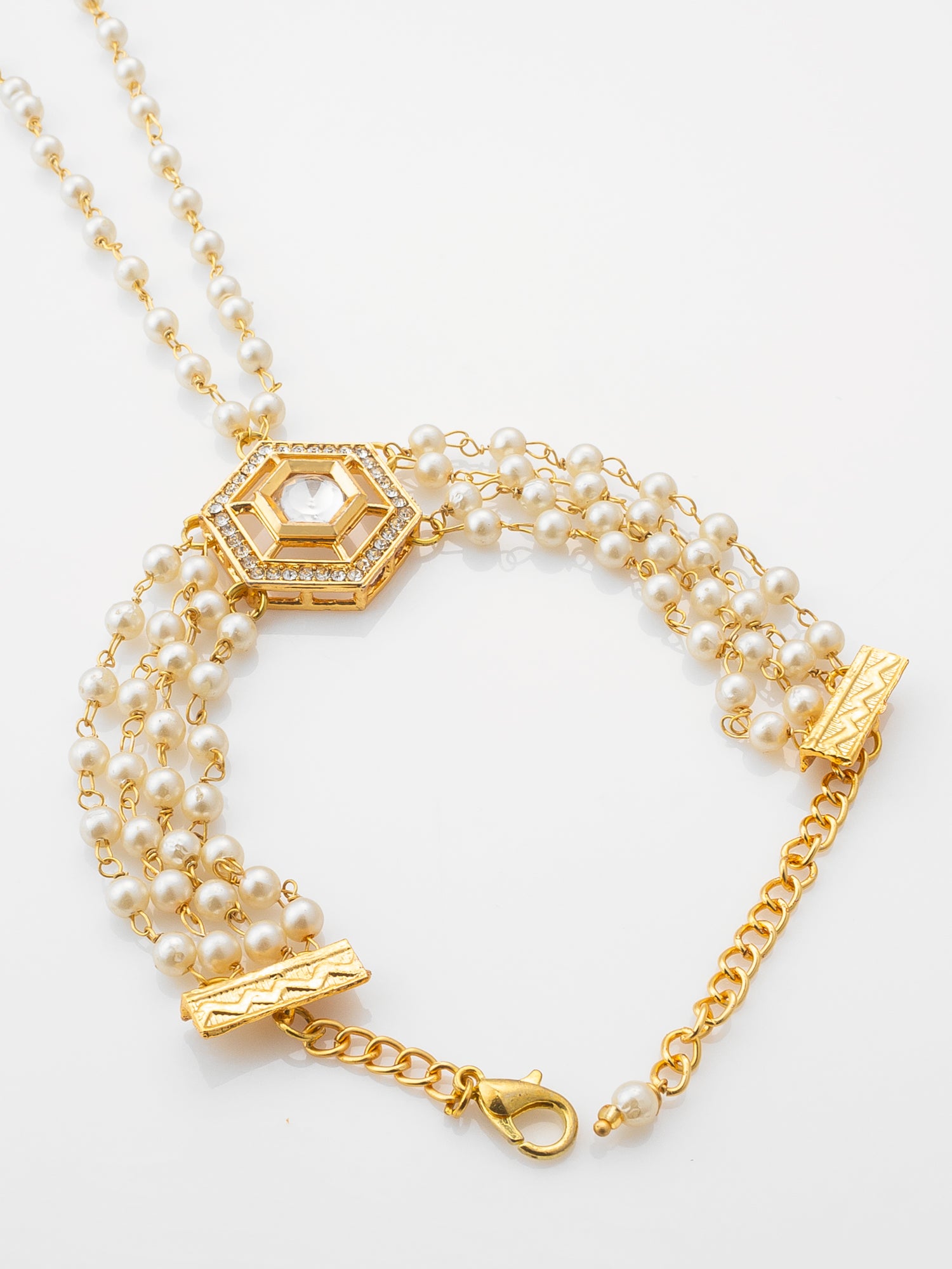 Gold Plated Pearl Haathphool Bracelet with Kundan Centerpiece – Traditional Hand Harness Jewelry for Women & Girls