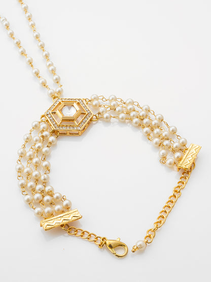 Gold Plated Pearl Haathphool Bracelet with Kundan Centerpiece – Traditional Hand Harness Jewelry for Women & Girls