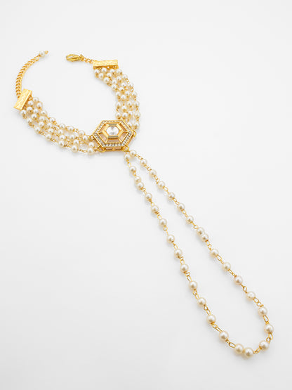 Gold Plated Pearl Haathphool Bracelet with Kundan Centerpiece – Traditional Hand Harness Jewelry for Women & Girls