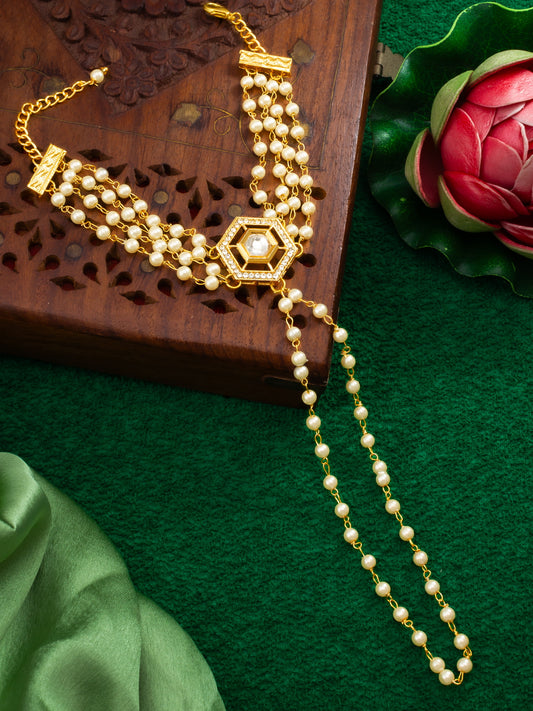 Gold Plated Pearl Haathphool Bracelet with Kundan Centerpiece – Traditional Hand Harness Jewelry for Women & Girls