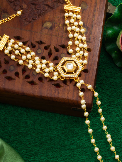 Gold Plated Pearl Haathphool Bracelet with Kundan Centerpiece – Traditional Hand Harness Jewelry for Women & Girls