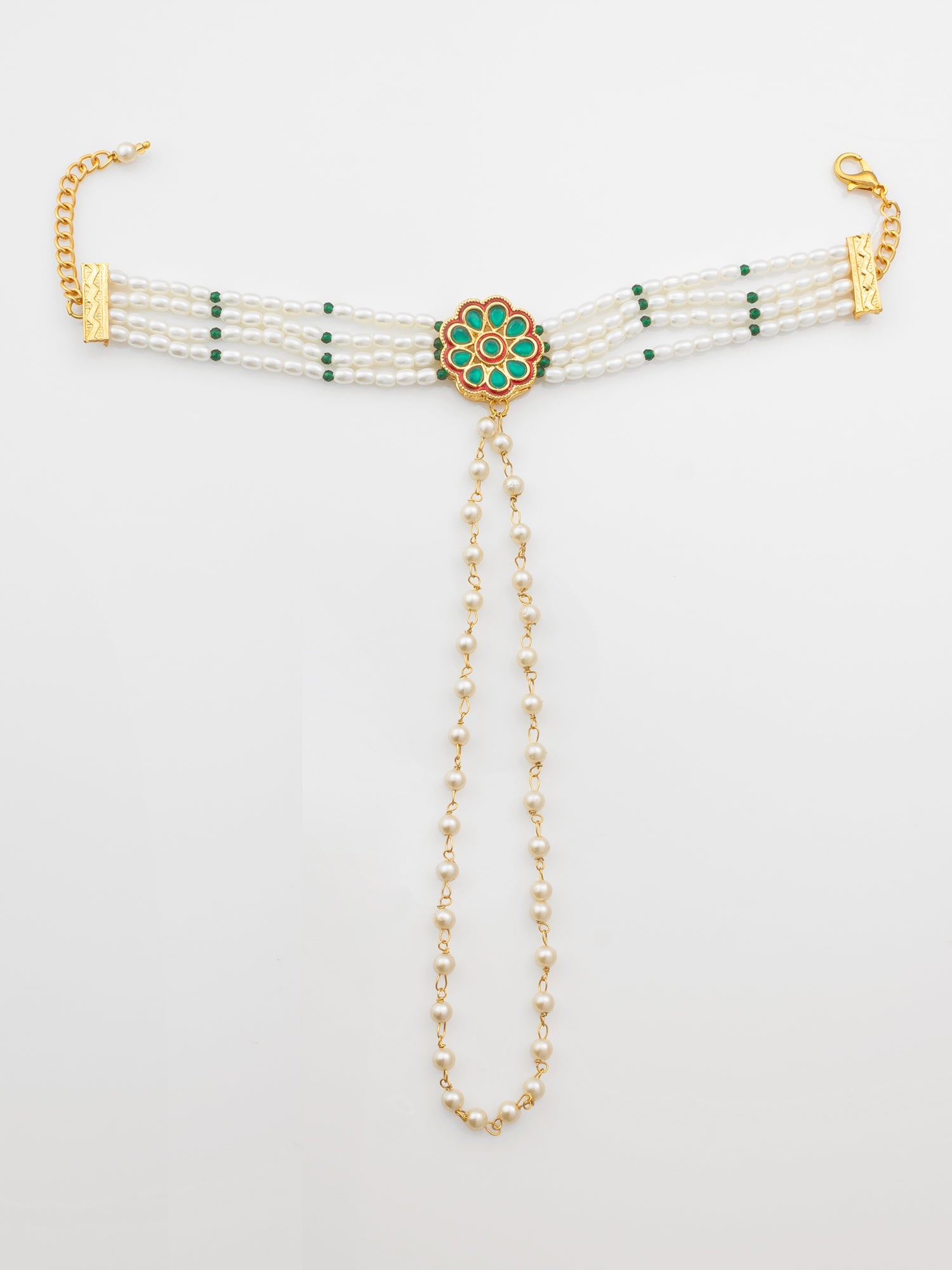 Adita Gold Plated Green Kundan & Pearl Haathphool Bracelet – Traditional Hand Harness Jewelry for Women & Brides WBG2592