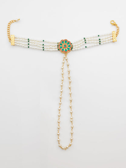 Adita Gold Plated Green Kundan & Pearl Haathphool Bracelet – Traditional Hand Harness Jewelry for Women & Brides WBG2592