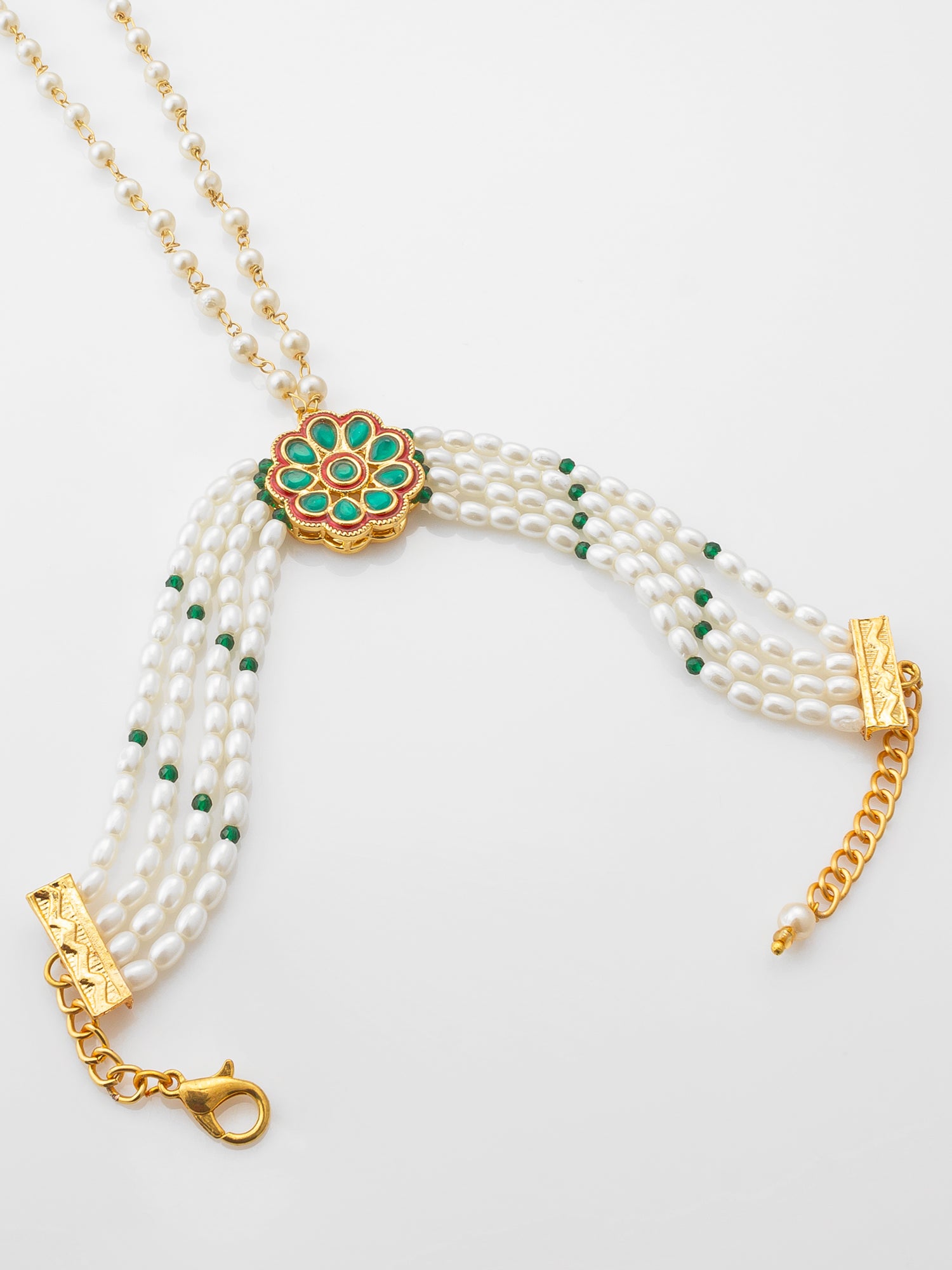 Adita Gold Plated Green Kundan & Pearl Haathphool Bracelet – Traditional Hand Harness Jewelry for Women & Brides