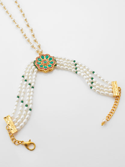 Adita Gold Plated Green Kundan & Pearl Haathphool Bracelet – Traditional Hand Harness Jewelry for Women & Brides