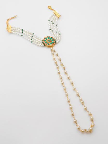Adita Gold Plated Green Kundan & Pearl Haathphool Bracelet – Traditional Hand Harness Jewelry for Women & Brides