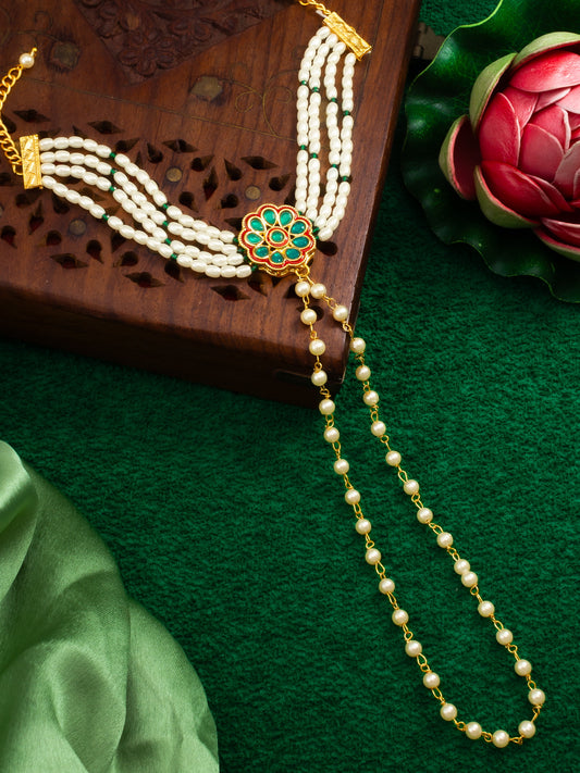 Adita Gold Plated Green Kundan & Pearl Haathphool Bracelet – Traditional Hand Harness Jewelry for Women & Brides