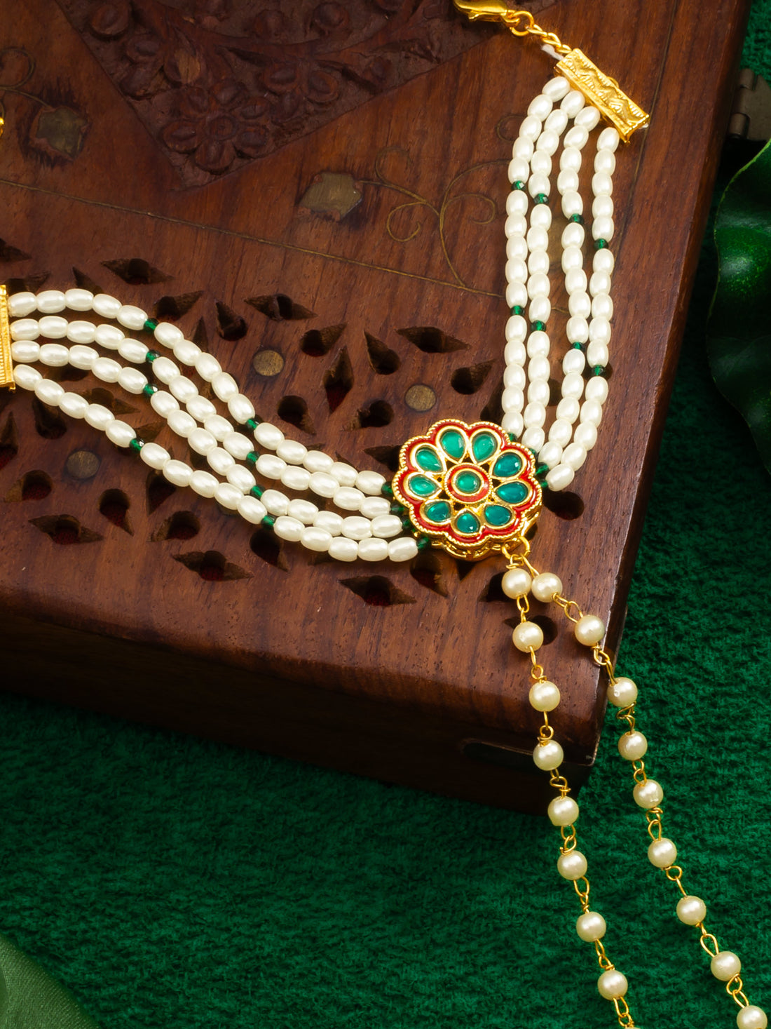 Adita Gold Plated Green Kundan & Pearl Haathphool Bracelet – Traditional Hand Harness Jewelry for Women & Brides