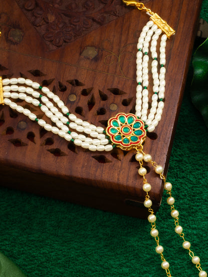 Adita Gold Plated Green Kundan & Pearl Haathphool Bracelet – Traditional Hand Harness Jewelry for Women & Brides