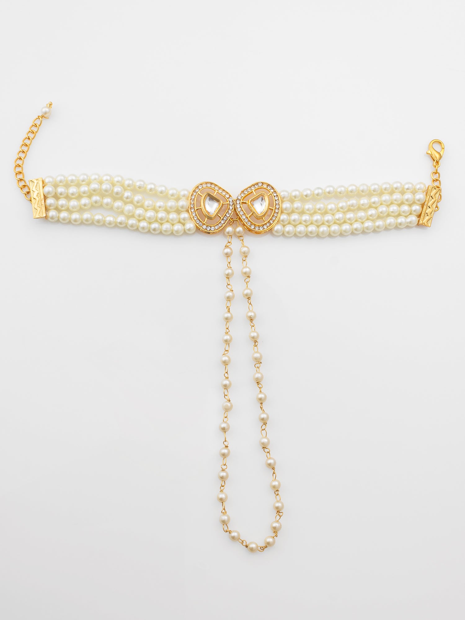 Aadita Gold Plated Kundan & Pearl Haathphool Bracelet – Dual Teardrop Hand Harness Jewelry for Women & Brides