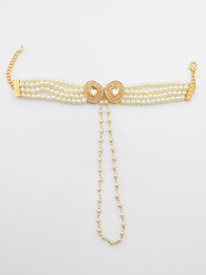 Aadita Gold Plated Kundan & Pearl Haathphool Bracelet – Dual Teardrop Hand Harness Jewelry for Women & Brides