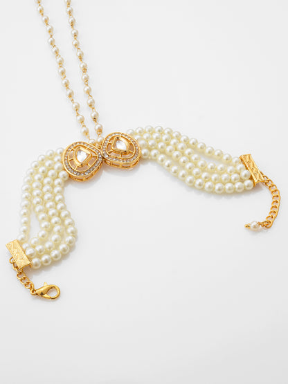 Aadita Gold Plated Kundan & Pearl Haathphool Bracelet – Dual Teardrop Hand Harness Jewelry for Women & Brides