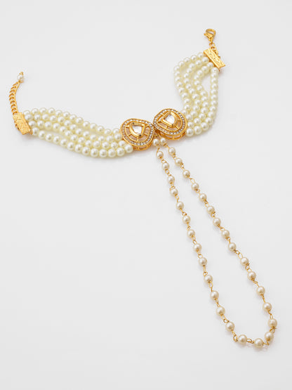 Aadita Gold Plated Kundan & Pearl Haathphool Bracelet – Dual Teardrop Hand Harness Jewelry for Women & Brides