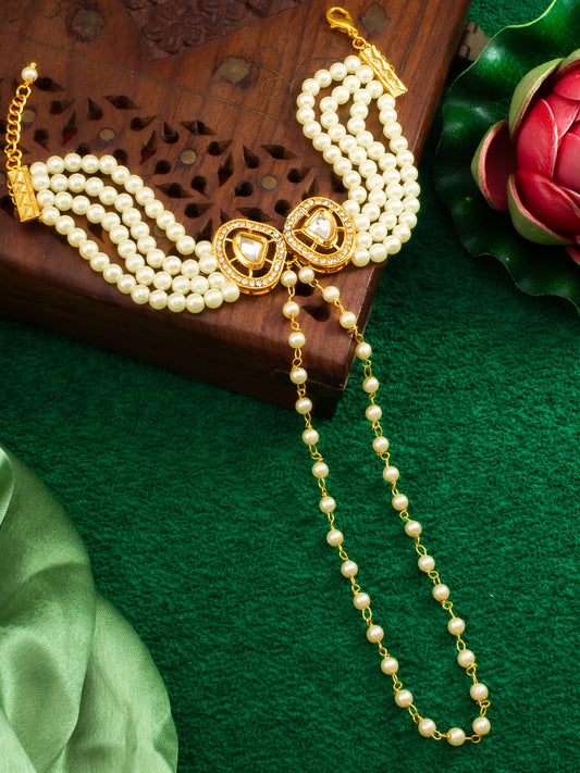Aadita Gold Plated Kundan & Pearl Haathphool Bracelet – Dual Teardrop Hand Harness Jewelry for Women & Brides