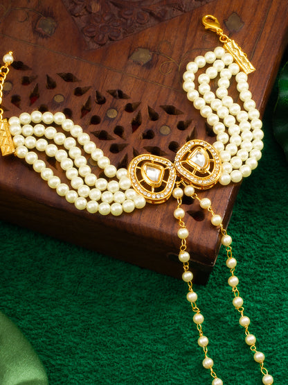 Aadita Gold Plated Kundan & Pearl Haathphool Bracelet – Dual Teardrop Hand Harness Jewelry for Women & Brides