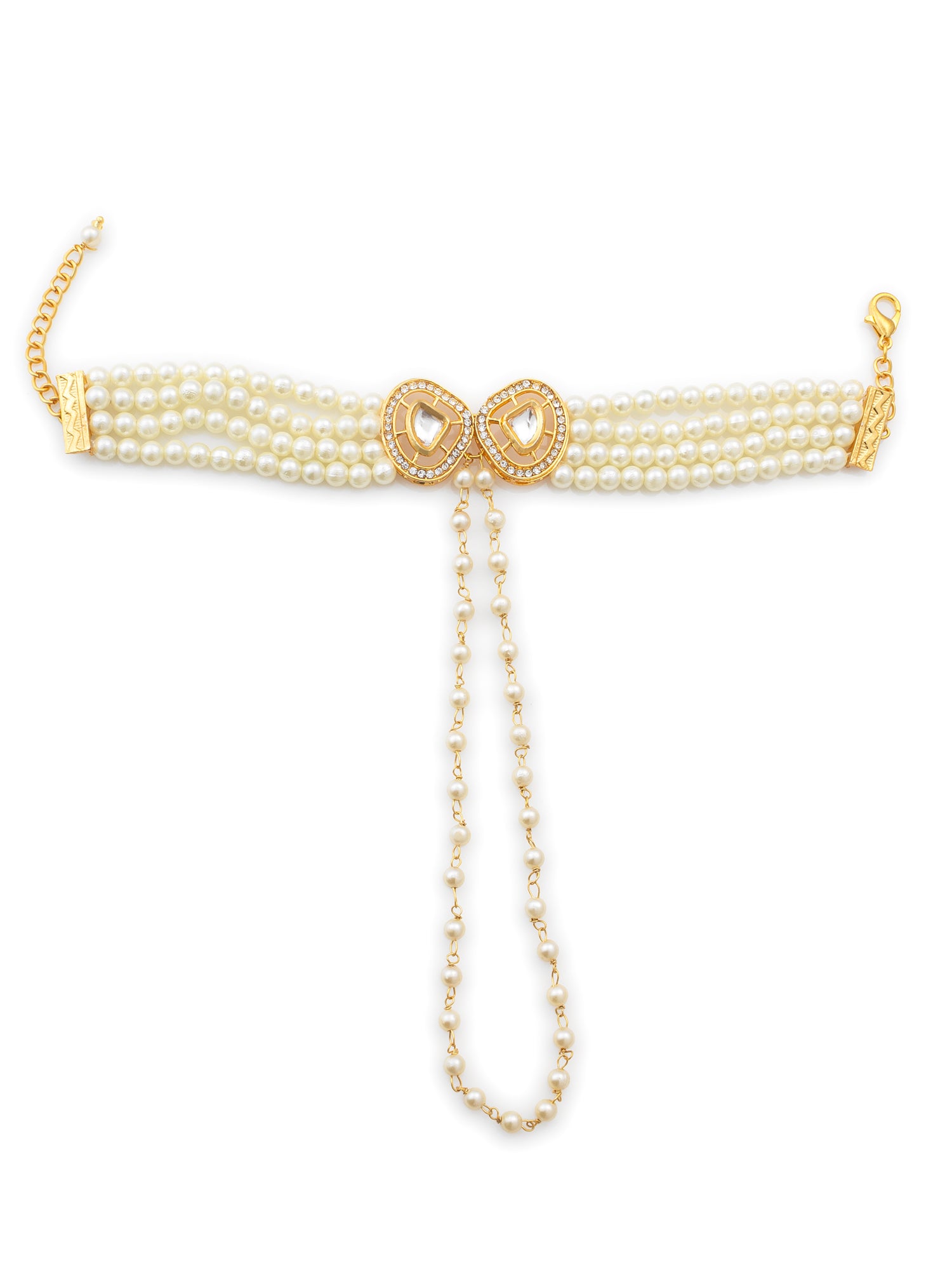 Aadita Classic White Pearl Kundan Haathphool Bracelet