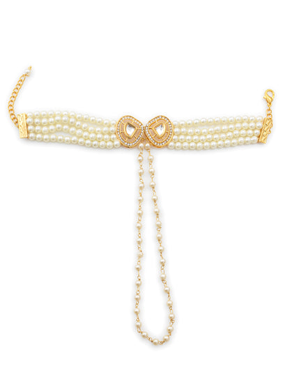 Aadita Classic White Pearl Kundan Haathphool Bracelet