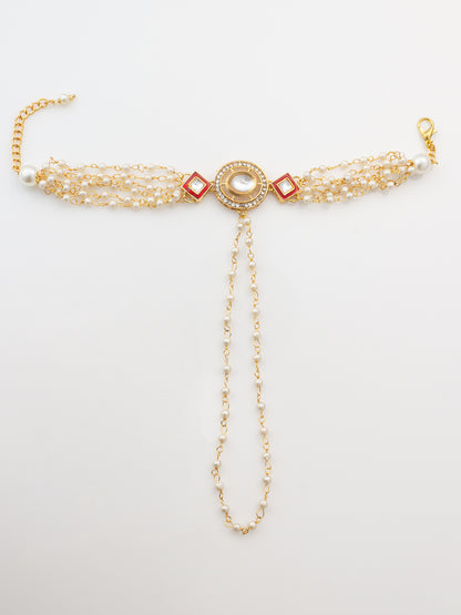 Aadita Classic White Pearl Kundan Haathphool Bracelet