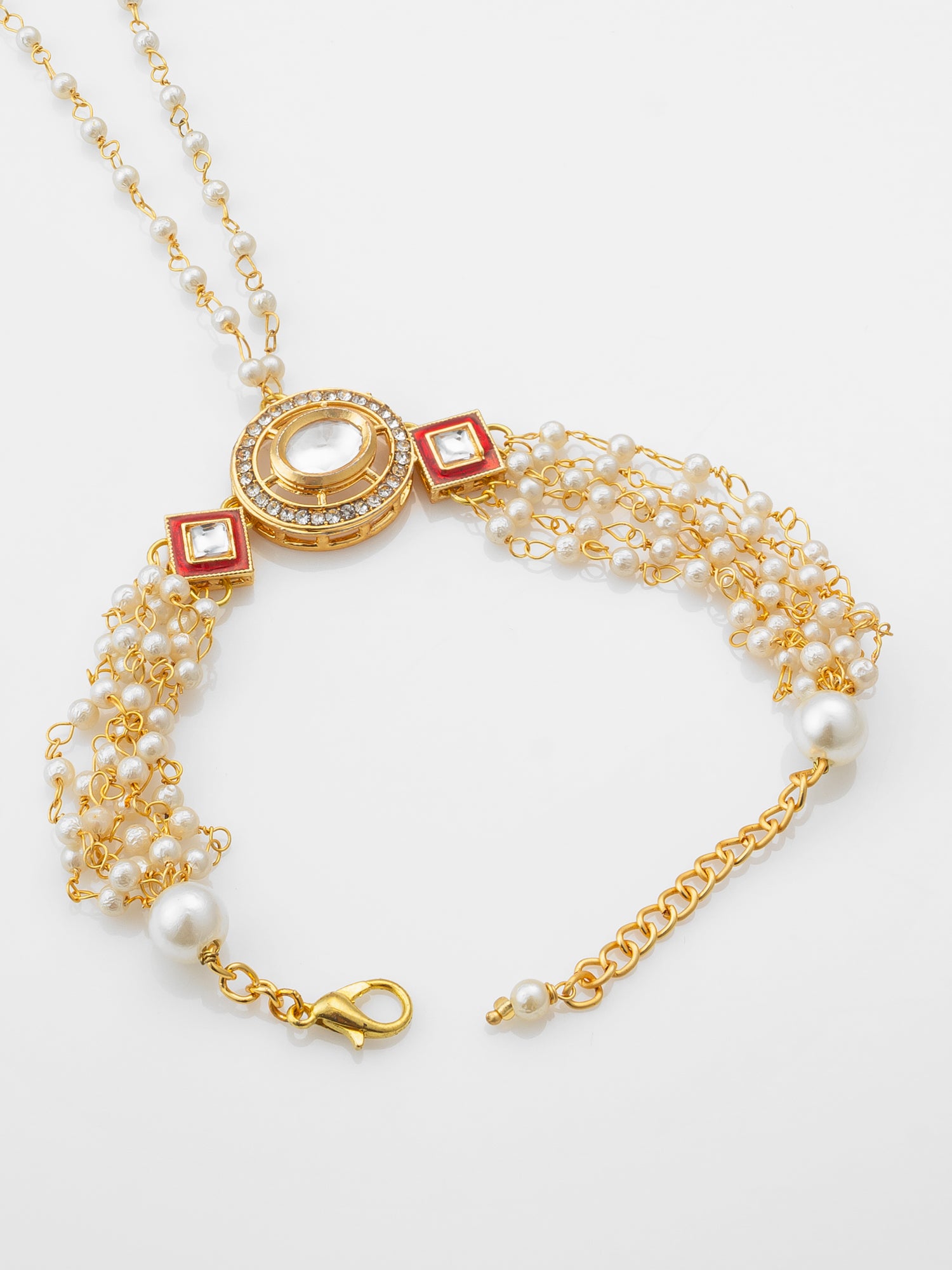 Aadita Classic White Pearl Kundan Haathphool Bracelet