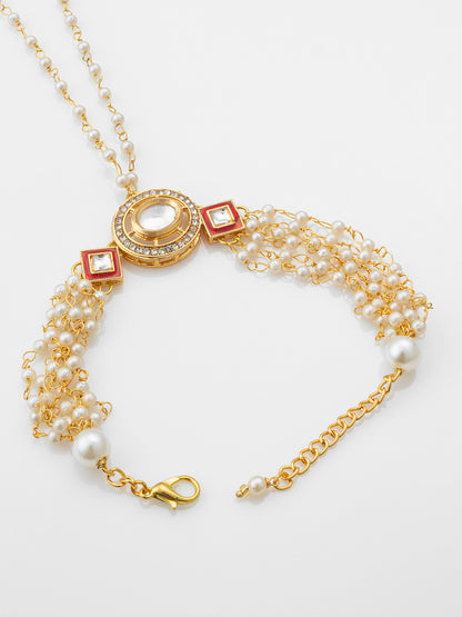 Aadita Classic White Pearl Kundan Haathphool Bracelet