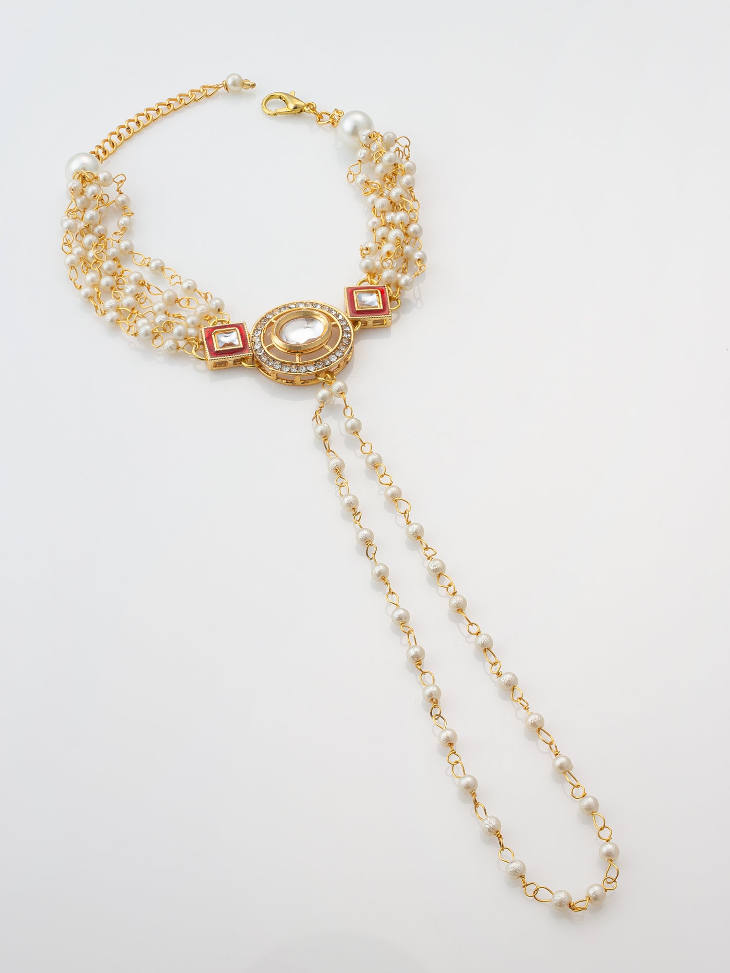 Aadita Classic White Pearl Kundan Haathphool Bracelet