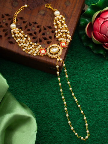 Aadita Classic White Pearl Kundan Haathphool Bracelet