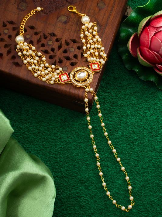 Aadita Classic White Pearl Kundan Haathphool Bracelet