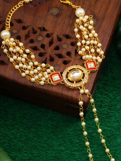 Aadita Classic White Pearl Kundan Haathphool Bracelet