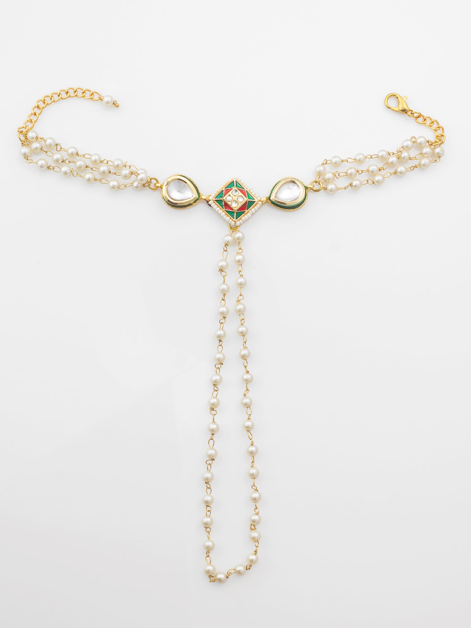 Aadita White Beaded Kundan Haathphool Bracelet