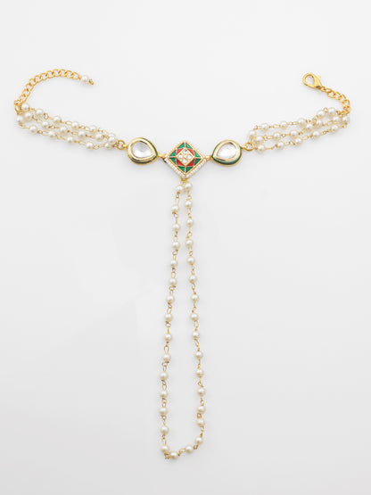 Aadita White Beaded Kundan Haathphool Bracelet
