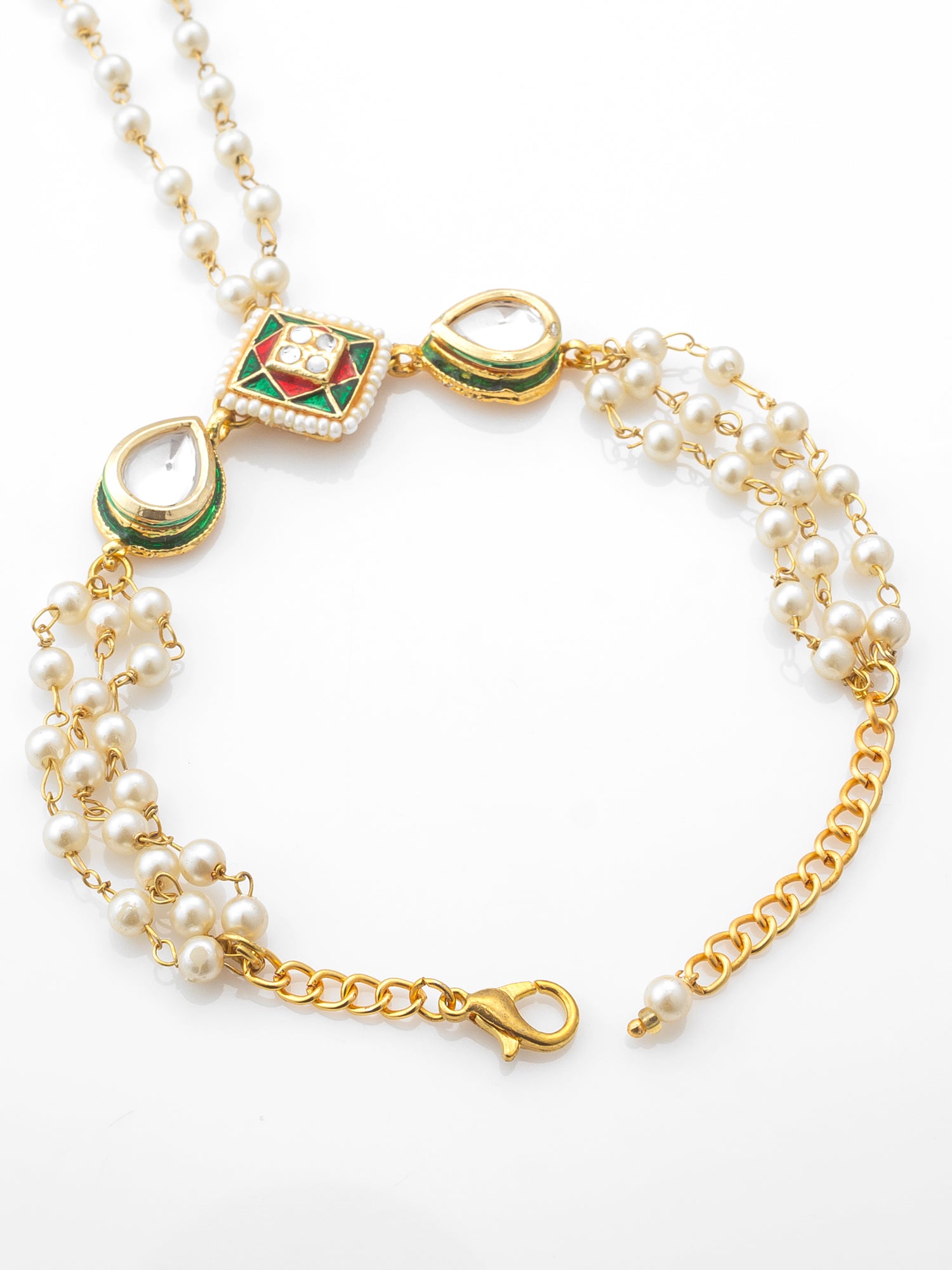 Aadita White Beaded Kundan Haathphool Bracelet