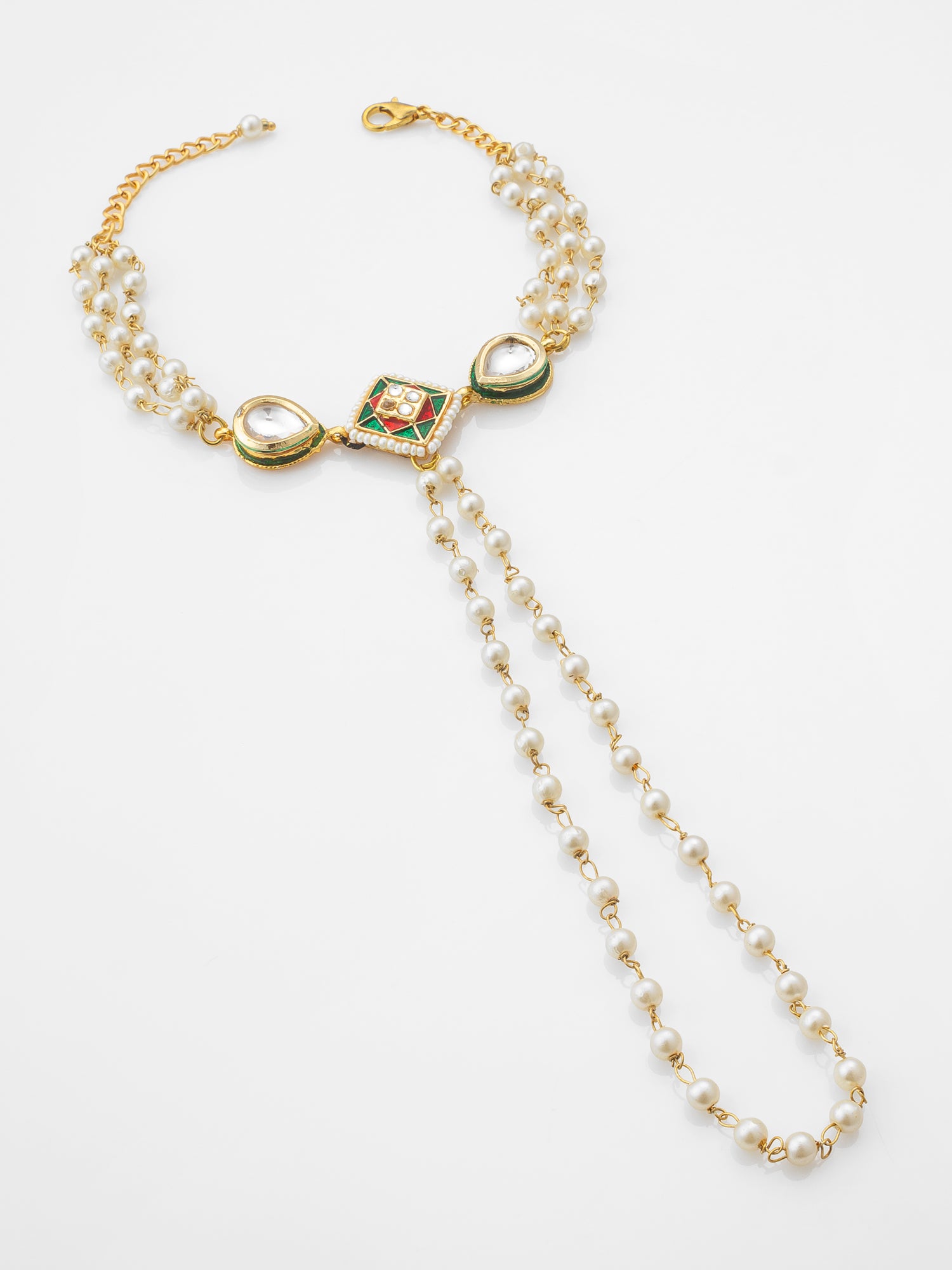 Aadita White Beaded Kundan Haathphool Bracelet