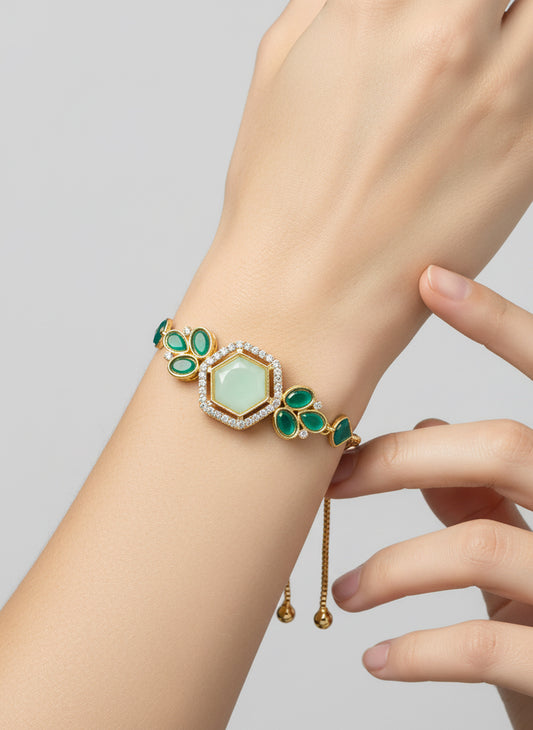 Aadita Gold Plated Hexagonal Green Stone Bracelet